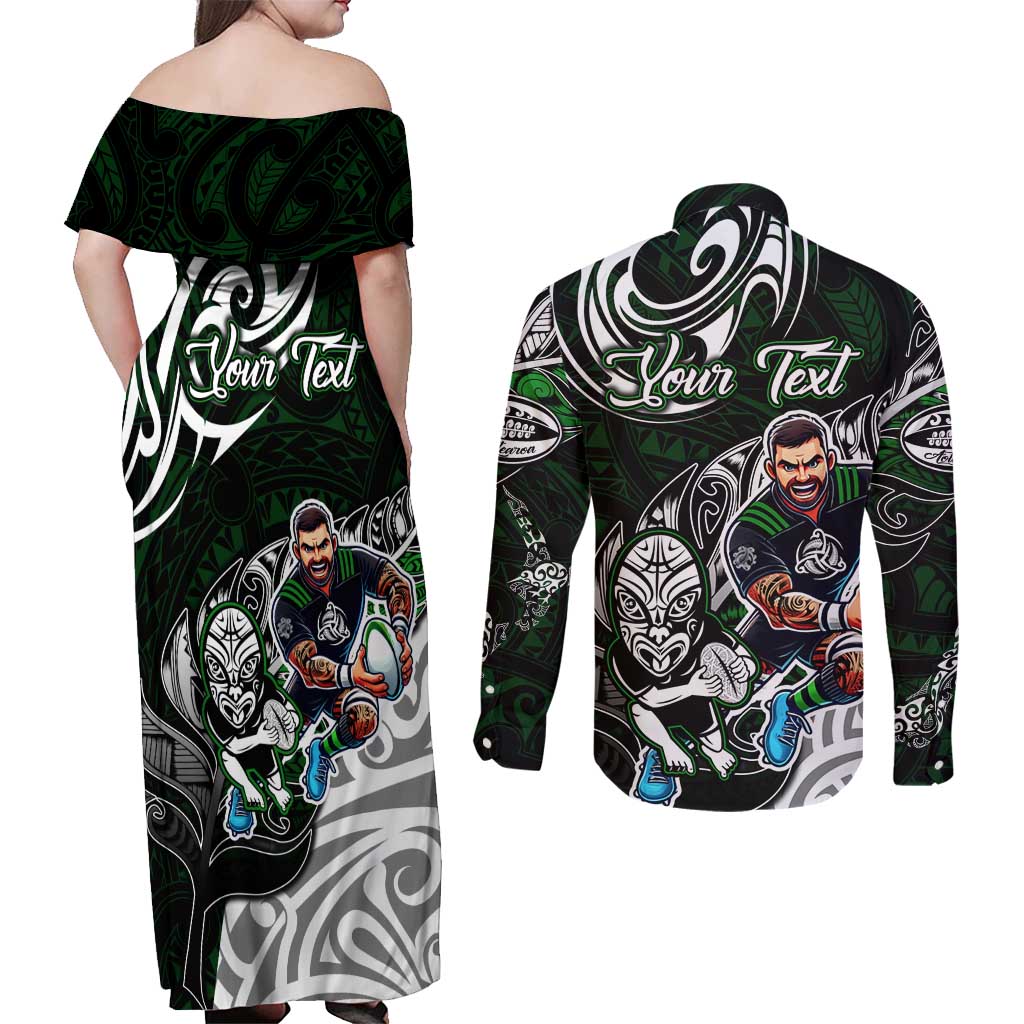 Personalized NZ Aotearoa Rugby Couples Matching Off Shoulder Maxi Dress and Long Sleeve Button Shirt New Zealand Silver Fern DT02 - Polynesian Pride