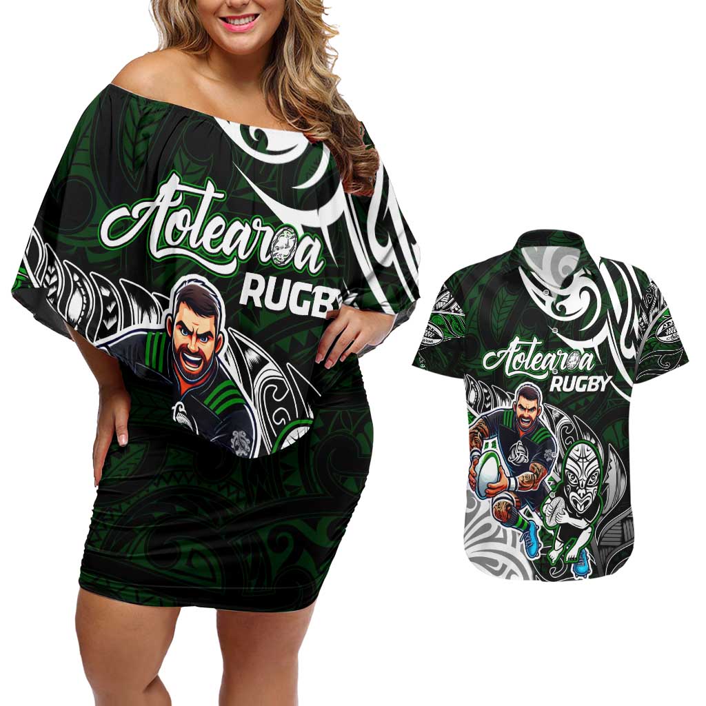 Personalized NZ Aotearoa Rugby Couples Matching Off Shoulder Short Dress and Hawaiian Shirt New Zealand Silver Fern DT02 Green - Polynesian Pride