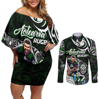 Personalized NZ Aotearoa Rugby Couples Matching Off Shoulder Short Dress and Long Sleeve Button Shirt New Zealand Silver Fern DT02 Green - Polynesian Pride