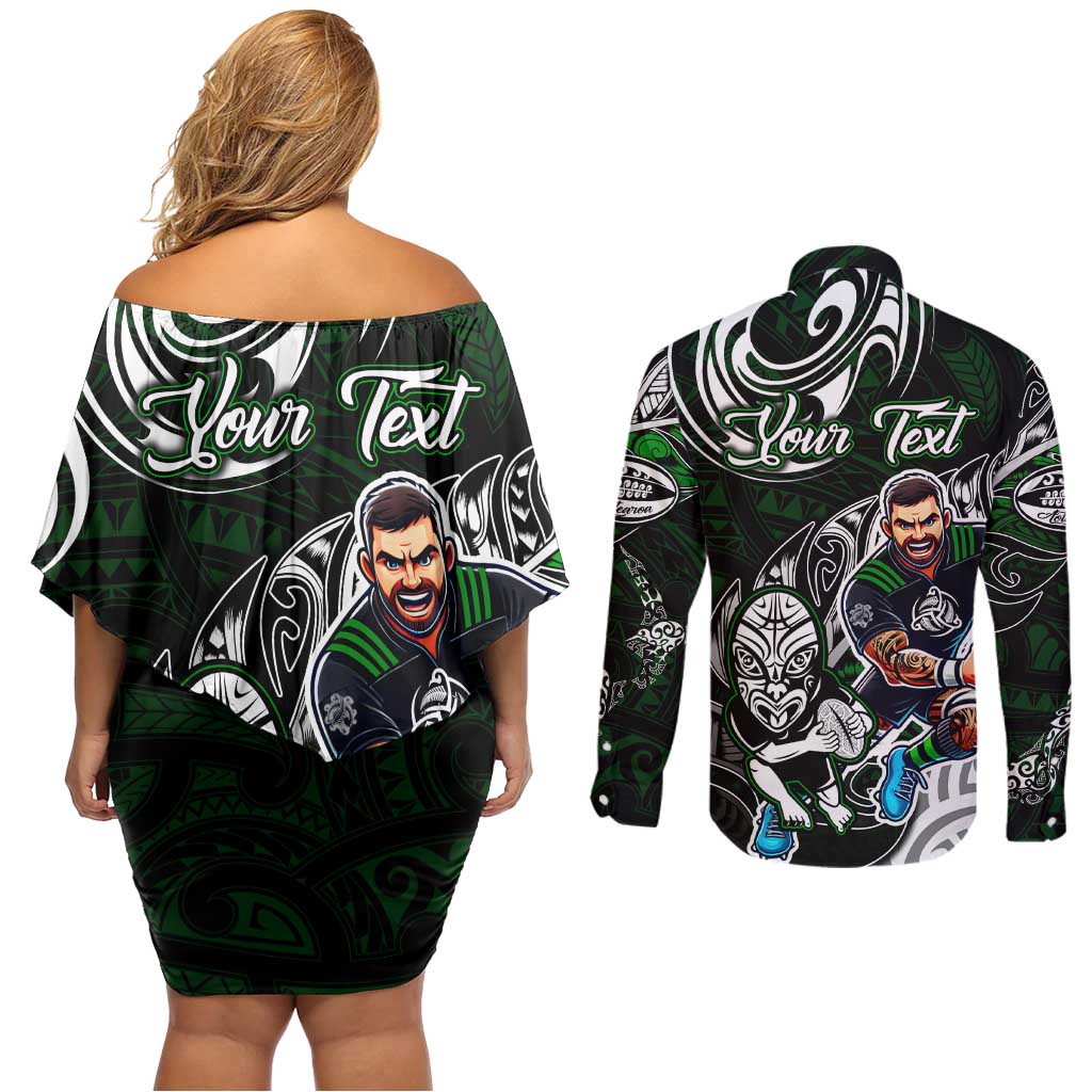 Personalized NZ Aotearoa Rugby Couples Matching Off Shoulder Short Dress and Long Sleeve Button Shirt New Zealand Silver Fern DT02 - Polynesian Pride