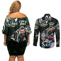 Personalized NZ Aotearoa Rugby Couples Matching Off Shoulder Short Dress and Long Sleeve Button Shirt New Zealand Silver Fern DT02 - Polynesian Pride