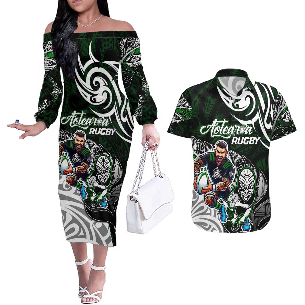 Personalized NZ Aotearoa Rugby Couples Matching Off The Shoulder Long Sleeve Dress and Hawaiian Shirt New Zealand Silver Fern DT02 Green - Polynesian Pride