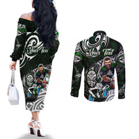 Personalized NZ Aotearoa Rugby Couples Matching Off The Shoulder Long Sleeve Dress and Long Sleeve Button Shirt New Zealand Silver Fern DT02 - Polynesian Pride
