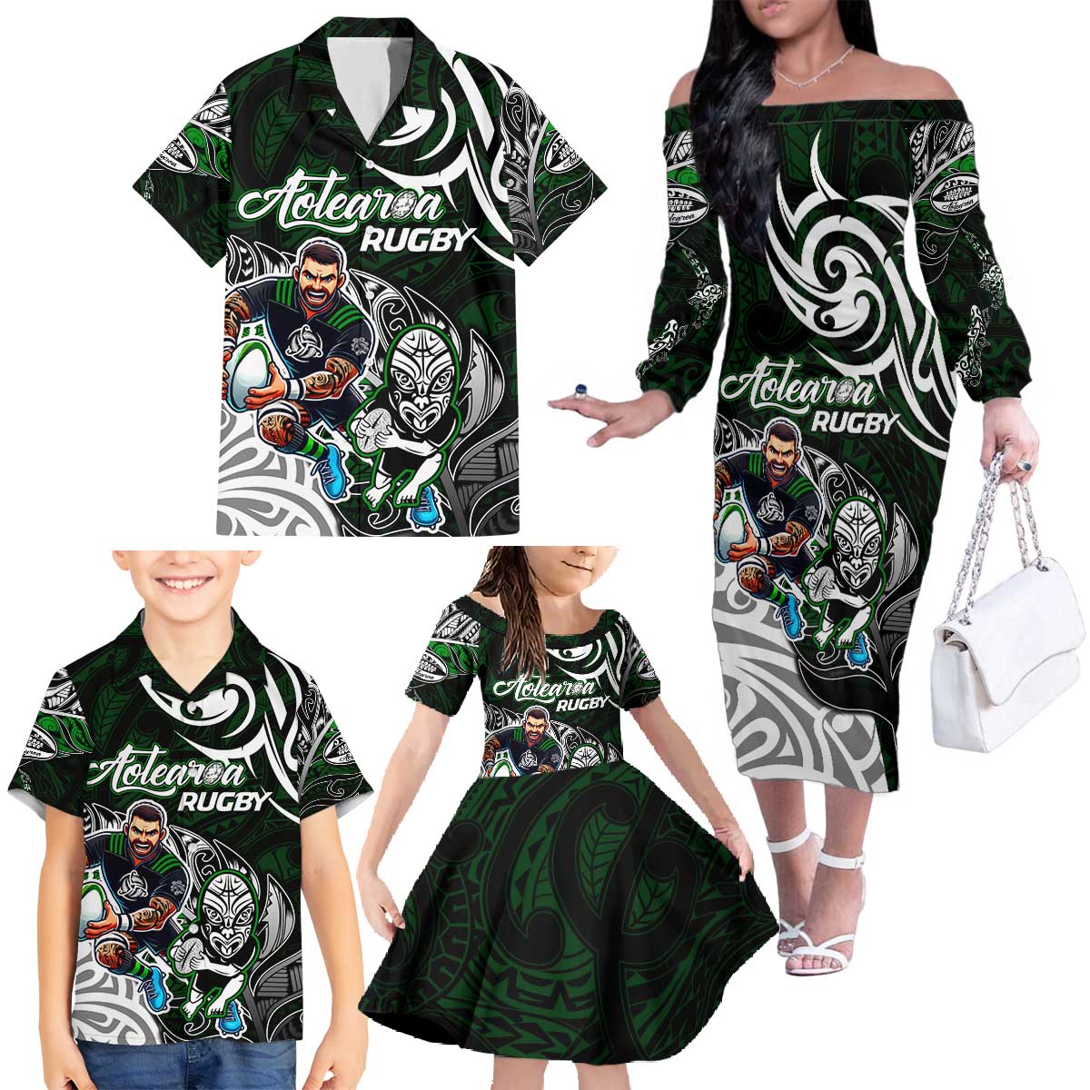 Personalized NZ Aotearoa Rugby Family Matching Off The Shoulder Long Sleeve Dress and Hawaiian Shirt New Zealand Silver Fern DT02 - Polynesian Pride
