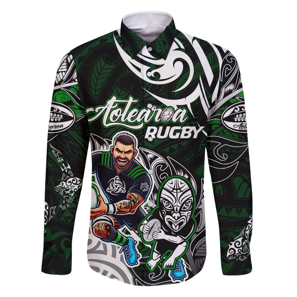 Personalized NZ Aotearoa Rugby Family Matching Off Shoulder Maxi Dress and Hawaiian Shirt New Zealand Silver Fern DT02 Dad's Shirt - Long Sleeve Green - Polynesian Pride