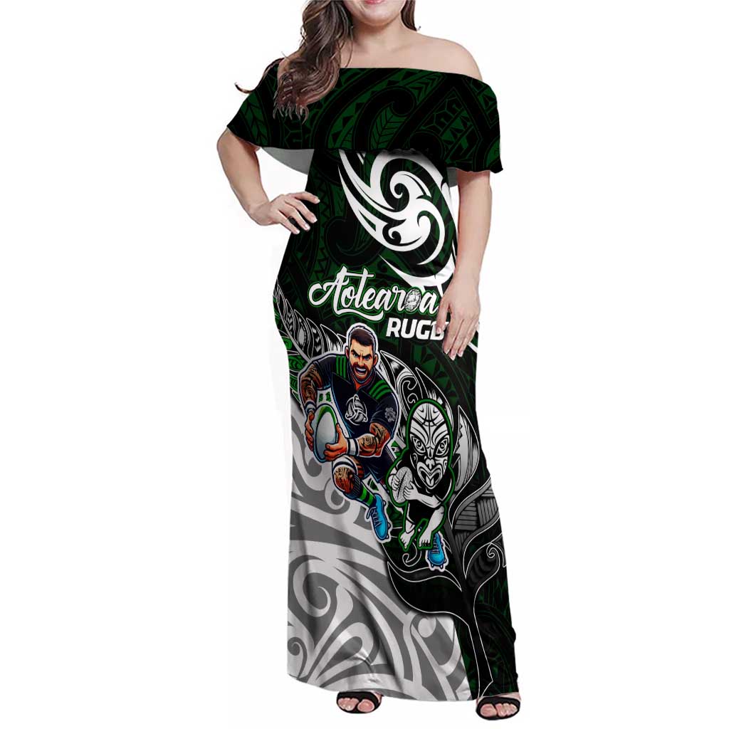 Personalized NZ Aotearoa Rugby Family Matching Off Shoulder Maxi Dress and Hawaiian Shirt New Zealand Silver Fern DT02 Mom's Dress Green - Polynesian Pride