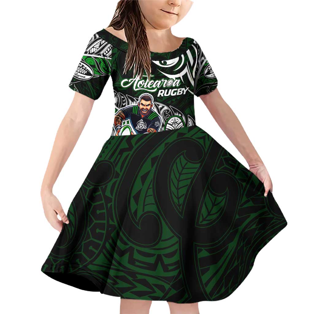 Personalized NZ Aotearoa Rugby Family Matching Off Shoulder Short Dress and Hawaiian Shirt New Zealand Silver Fern DT02 Daughter's Dress Green - Polynesian Pride