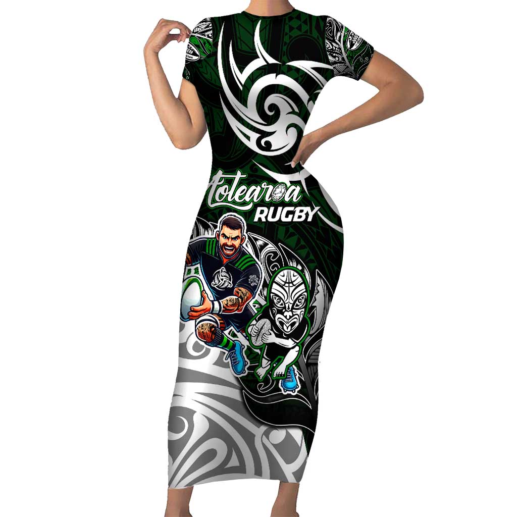 Personalized NZ Aotearoa Rugby Family Matching Short Sleeve Bodycon Dress and Hawaiian Shirt New Zealand Silver Fern DT02 Mom's Dress Green - Polynesian Pride