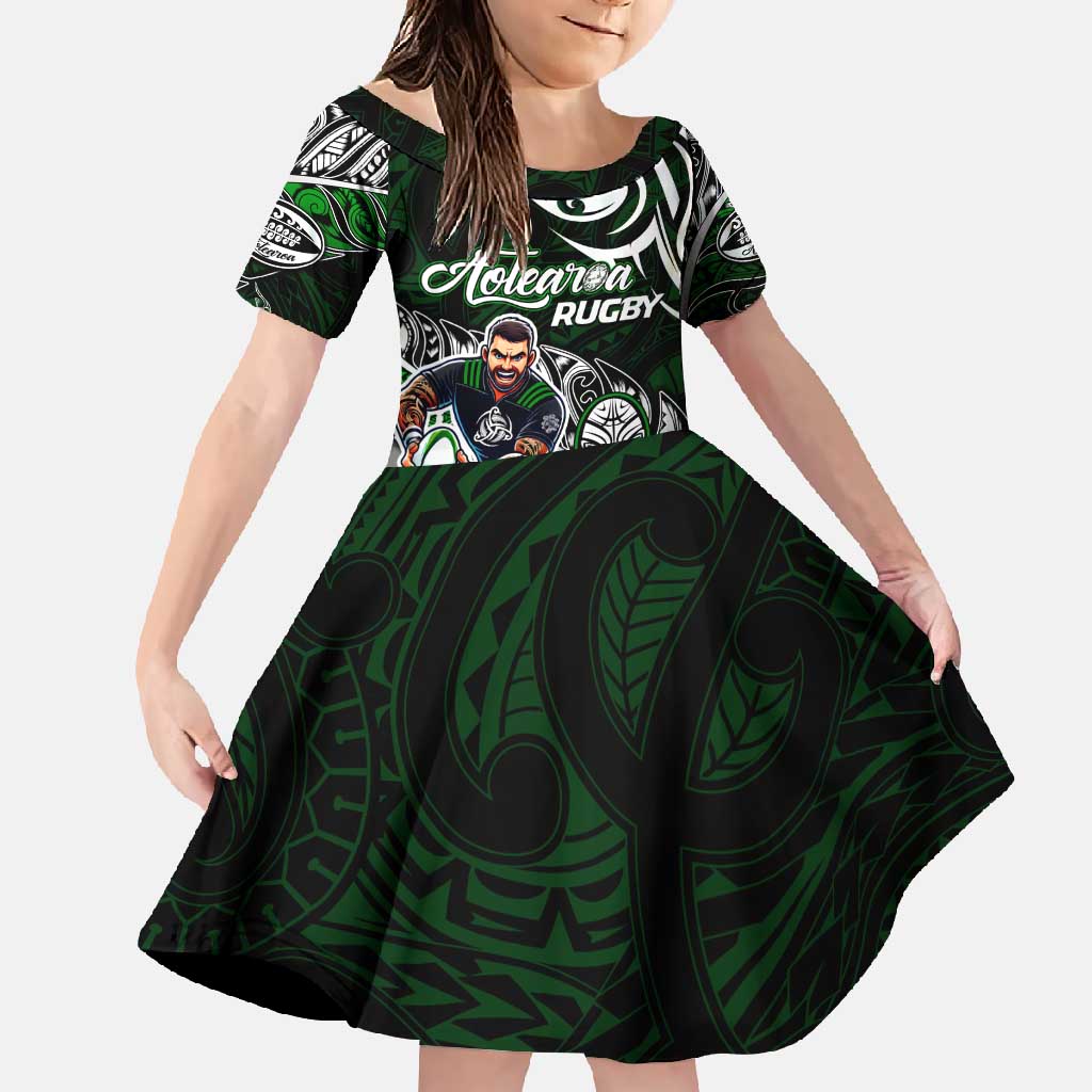Personalized NZ Aotearoa Rugby Family Matching Summer Maxi Dress and Hawaiian Shirt New Zealand Silver Fern DT02 Daughter's Dress Green - Polynesian Pride