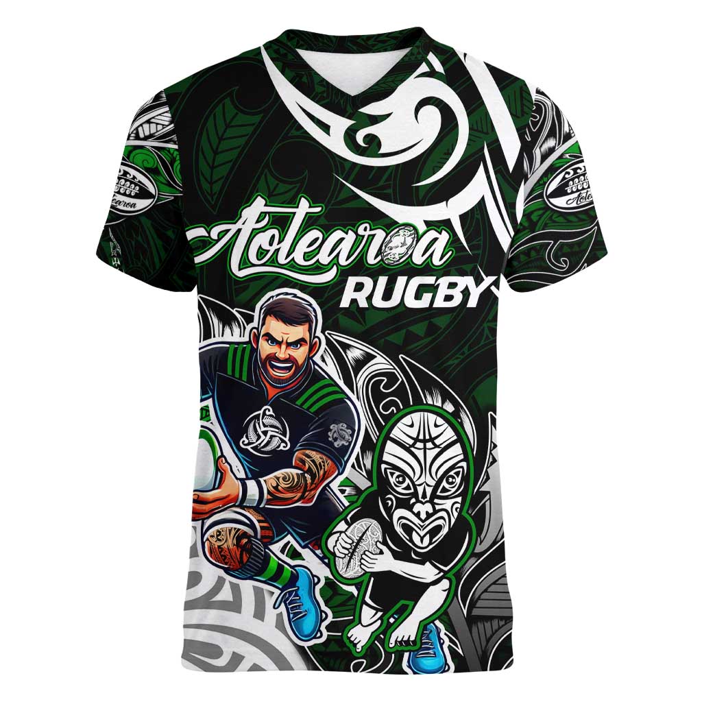Personalized NZ Aotearoa Rugby Women V-Neck T-Shirt New Zealand Silver Fern DT02 Female Green - Polynesian Pride