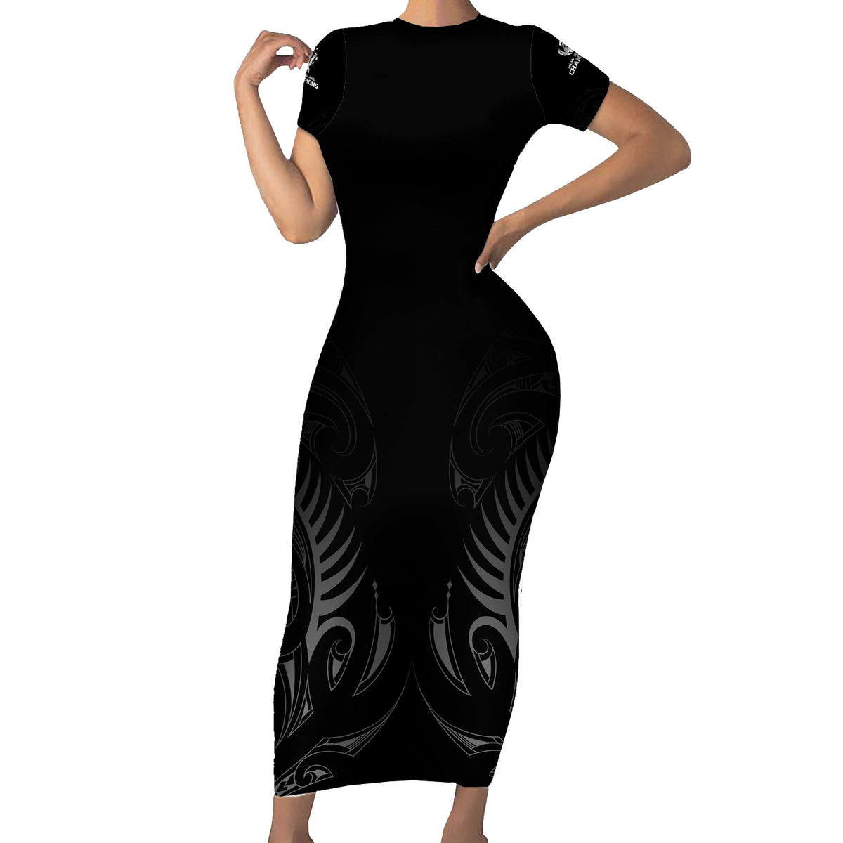 New Zealand Family Matching Short Sleeve Bodycon Dress and Hawaiian Shirt Rugby 2023 Champions Black DT02 Mom's Dress Black - Polynesian Pride