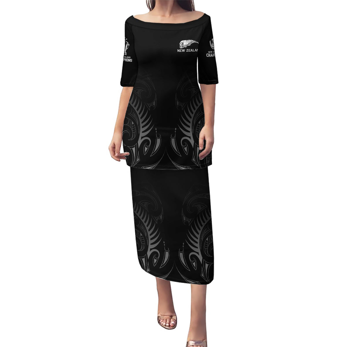New Zealand Puletasi Rugby 2023 Champions Black DT02 Long Dress Black - Polynesian Pride