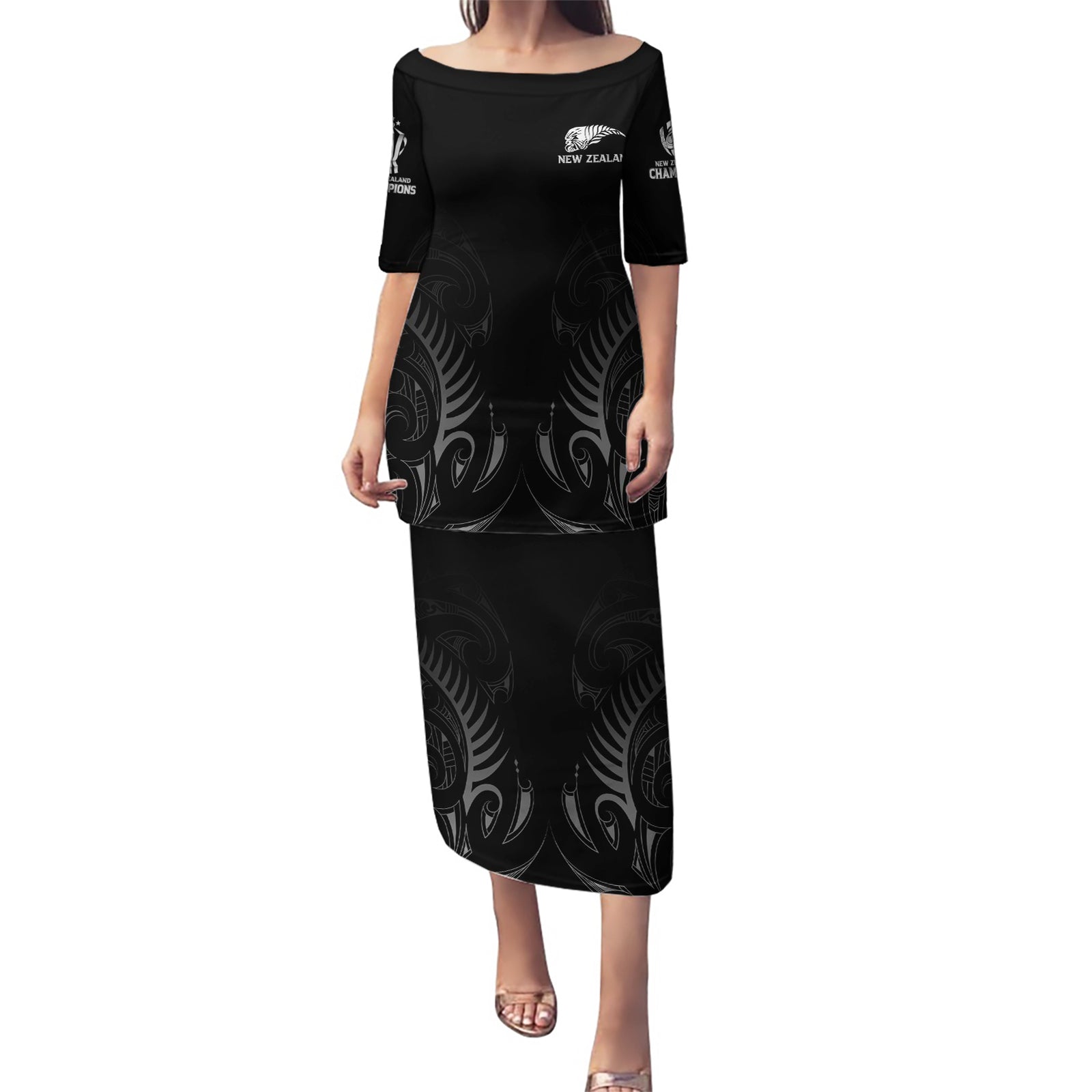 New Zealand Puletasi Rugby 2023 Champions Black DT02 Long Dress Black - Polynesian Pride