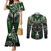 Personalised Warriors Maori Darts Couples Matching Mermaid Dress and Long Sleeve Button Shirt New Zealand Darts Silver Fern DT02 Green - Polynesian Pride