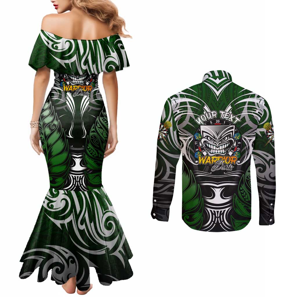Personalised Warriors Maori Darts Couples Matching Mermaid Dress and Long Sleeve Button Shirt New Zealand Darts Silver Fern DT02 - Polynesian Pride