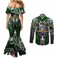 Personalised Warriors Maori Darts Couples Matching Mermaid Dress and Long Sleeve Button Shirt New Zealand Darts Silver Fern DT02 - Polynesian Pride