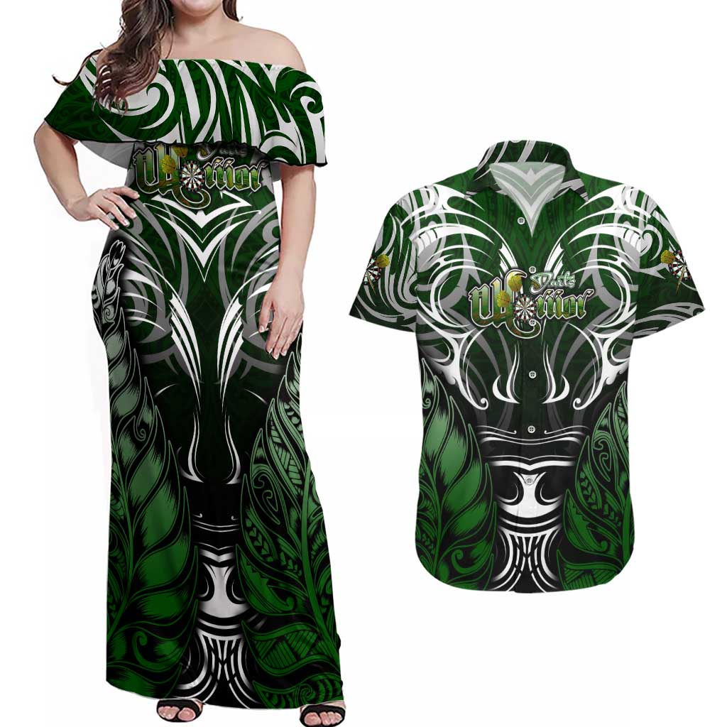 Personalised Warriors Maori Darts Couples Matching Off Shoulder Maxi Dress and Hawaiian Shirt New Zealand Darts Silver Fern DT02 Green - Polynesian Pride