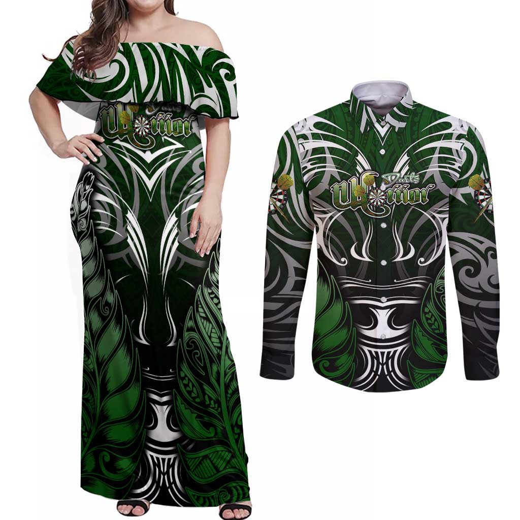 Personalised Warriors Maori Darts Couples Matching Off Shoulder Maxi Dress and Long Sleeve Button Shirt New Zealand Darts Silver Fern DT02 Green - Polynesian Pride