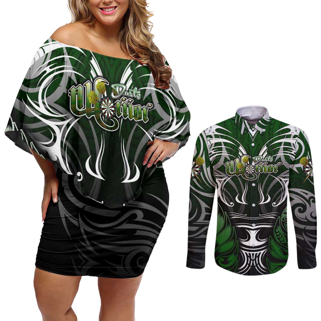 Personalised Warriors Maori Darts Couples Matching Off Shoulder Short Dress and Long Sleeve Button Shirt New Zealand Darts Silver Fern DT02 Green - Polynesian Pride