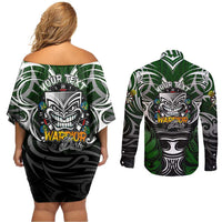 Personalised Warriors Maori Darts Couples Matching Off Shoulder Short Dress and Long Sleeve Button Shirt New Zealand Darts Silver Fern DT02 - Polynesian Pride
