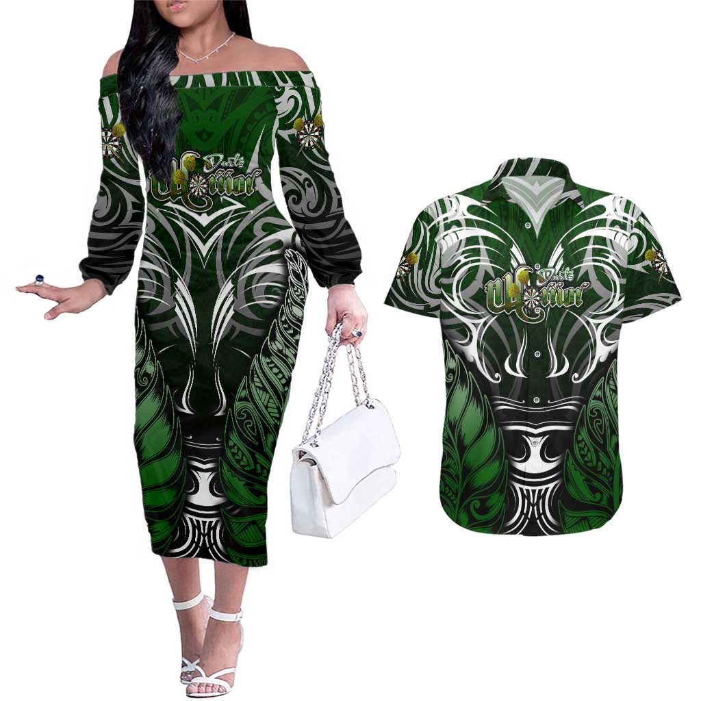 Personalised Warriors Maori Darts Couples Matching Off The Shoulder Long Sleeve Dress and Hawaiian Shirt New Zealand Darts Silver Fern DT02 Green - Polynesian Pride