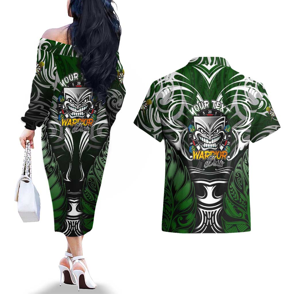 Personalised Warriors Maori Darts Couples Matching Off The Shoulder Long Sleeve Dress and Hawaiian Shirt New Zealand Darts Silver Fern DT02 - Polynesian Pride