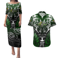 Personalised Warriors Maori Darts Couples Matching Puletasi and Hawaiian Shirt New Zealand Darts Silver Fern DT02 Green - Polynesian Pride