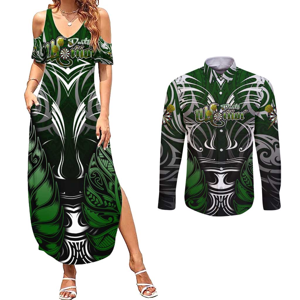 Personalised Warriors Maori Darts Couples Matching Summer Maxi Dress and Long Sleeve Button Shirt New Zealand Darts Silver Fern DT02 Green - Polynesian Pride