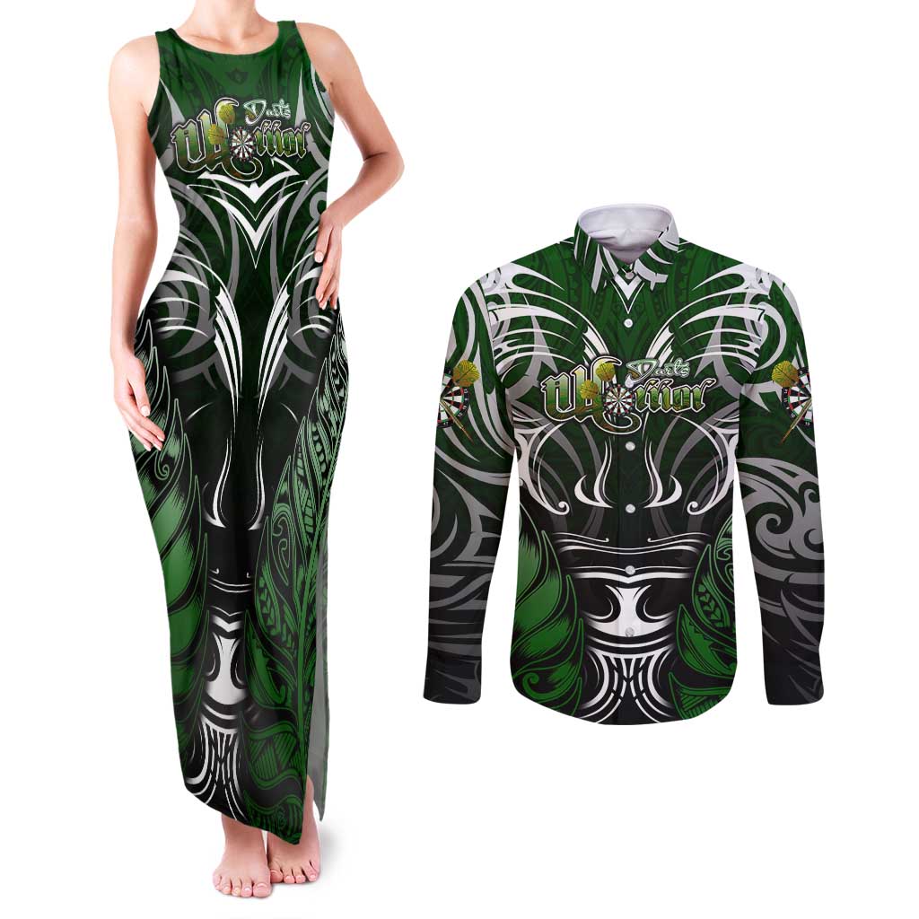 Personalised Warriors Maori Darts Couples Matching Tank Maxi Dress and Long Sleeve Button Shirt New Zealand Darts Silver Fern DT02 Green - Polynesian Pride