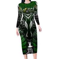 Personalised Warriors Maori Darts Family Matching Long Sleeve Bodycon Dress and Hawaiian Shirt New Zealand Darts Silver Fern DT02 Mom's Dress Green - Polynesian Pride