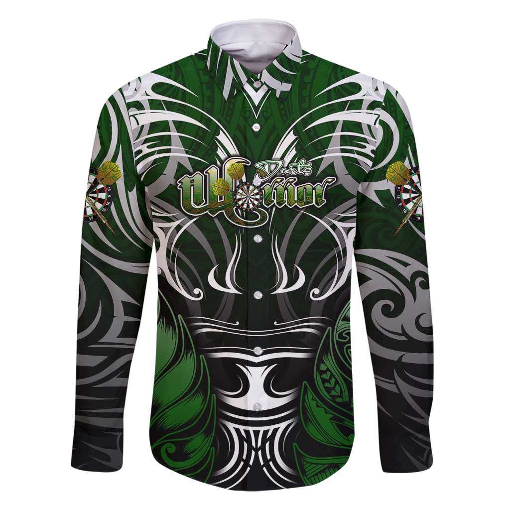 Personalised Warriors Maori Darts Family Matching Off Shoulder Maxi Dress and Hawaiian Shirt New Zealand Darts Silver Fern DT02 Dad's Shirt - Long Sleeve Green - Polynesian Pride