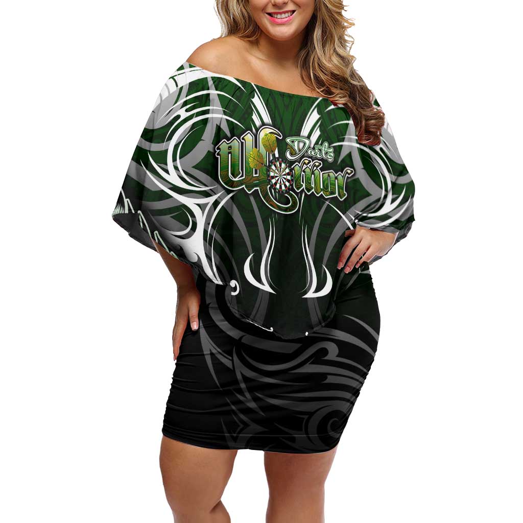 Personalised Warriors Maori Darts Family Matching Off Shoulder Short Dress and Hawaiian Shirt New Zealand Darts Silver Fern DT02 Mom's Dress Green - Polynesian Pride