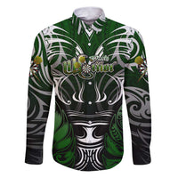 Personalised Warriors Maori Darts Family Matching Puletasi and Hawaiian Shirt New Zealand Darts Silver Fern DT02 Dad's Shirt - Long Sleeve Green - Polynesian Pride