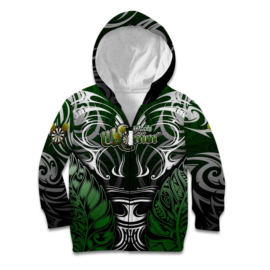 Personalised Warriors Maori Darts Kid Hoodie New Zealand Darts Silver Fern DT02 Zip Hoodie Green - Polynesian Pride