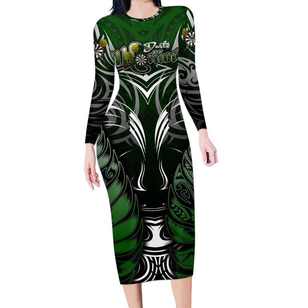 Personalised Warriors Maori Darts Long Sleeve Bodycon Dress New Zealand Darts Silver Fern DT02 Long Dress Green - Polynesian Pride