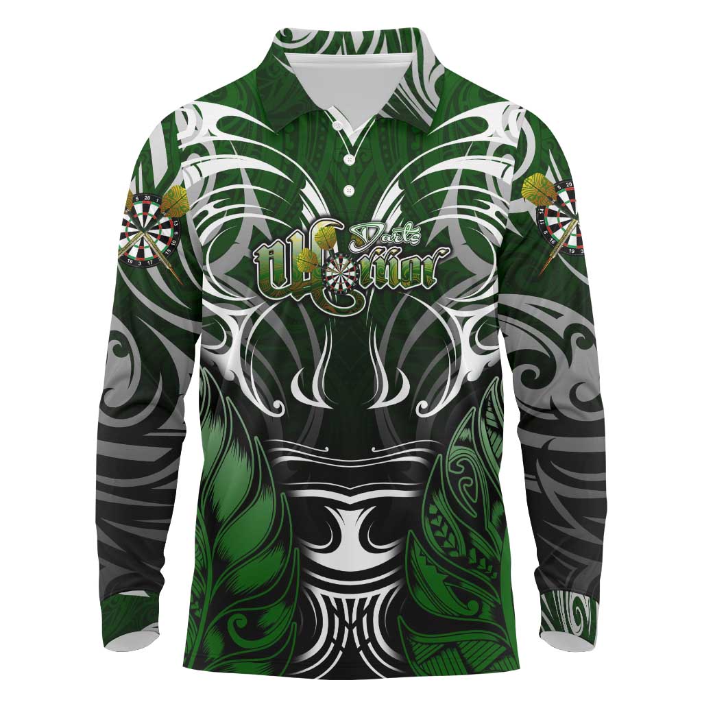 Personalised Warriors Maori Darts Long Sleeve Polo Shirt New Zealand Darts Silver Fern DT02 Green - Polynesian Pride