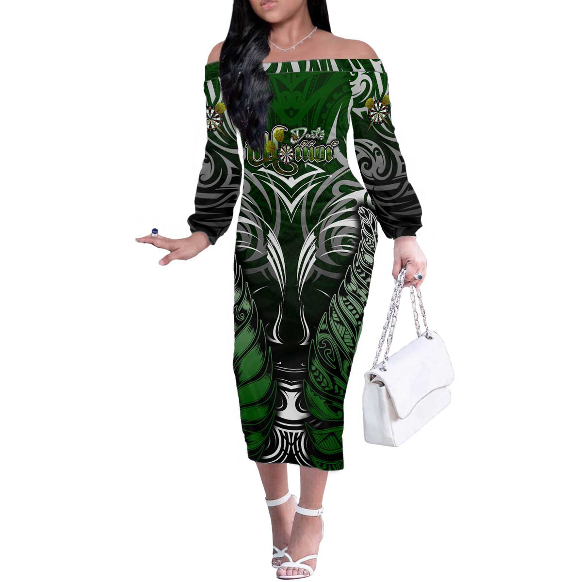 Personalised Warriors Maori Darts Off The Shoulder Long Sleeve Dress New Zealand Darts Silver Fern DT02 Women Green - Polynesian Pride