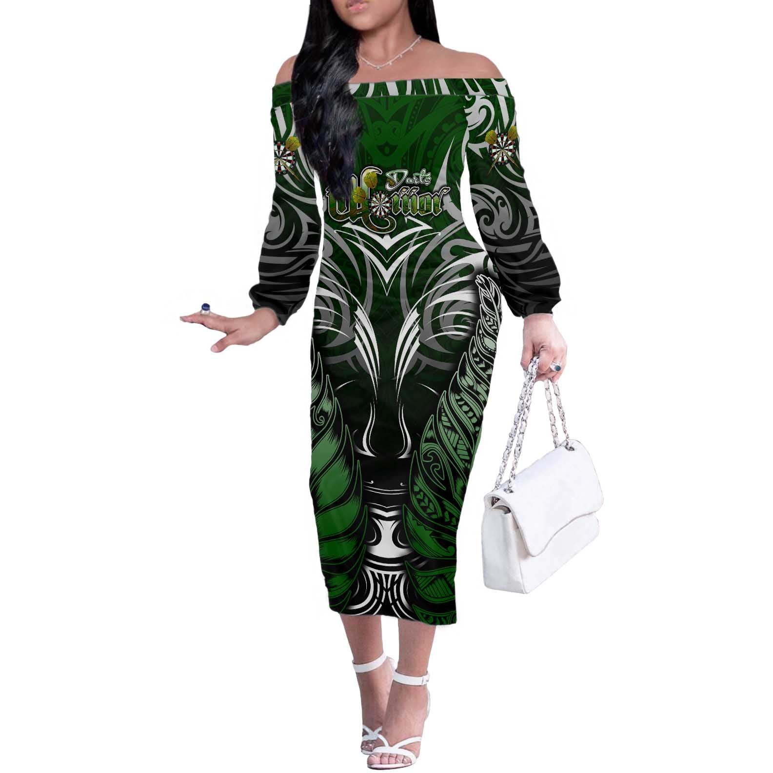 Personalised Warriors Maori Darts Off The Shoulder Long Sleeve Dress New Zealand Darts Silver Fern DT02 Women Green - Polynesian Pride