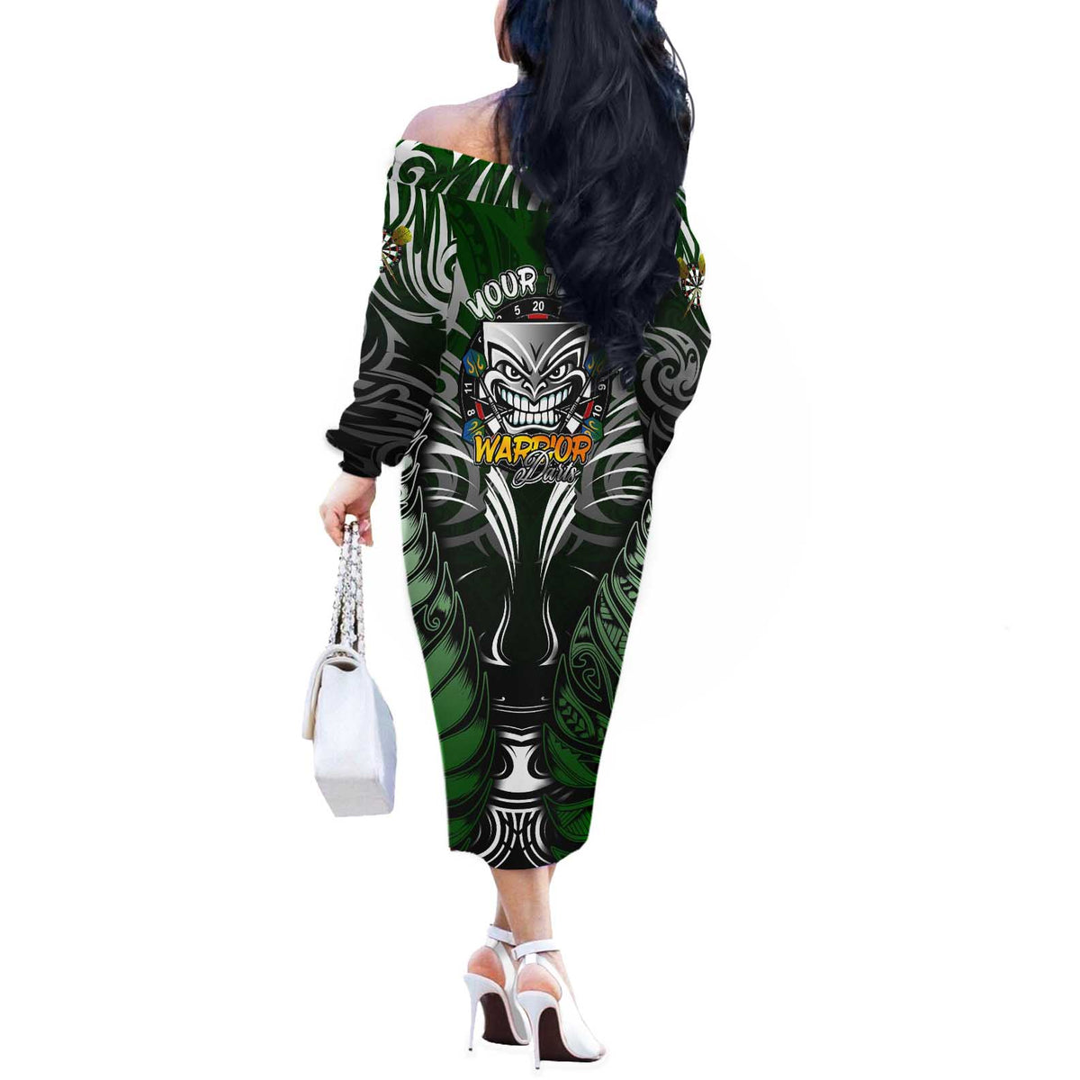 Personalised Warriors Maori Darts Off The Shoulder Long Sleeve Dress New Zealand Darts Silver Fern DT02 - Polynesian Pride