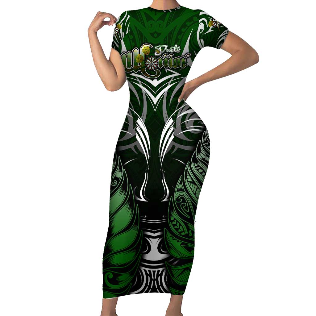 Personalised Warriors Maori Darts Short Sleeve Bodycon Dress New Zealand Darts Silver Fern DT02 Long Dress Green - Polynesian Pride