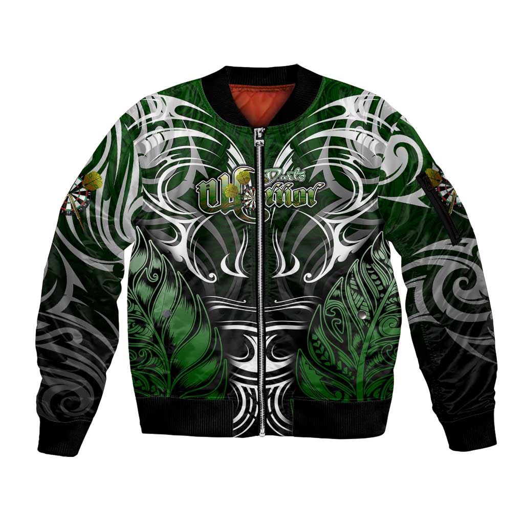 Personalised Warriors Maori Darts Sleeve Zip Bomber Jacket New Zealand Darts Silver Fern DT02 Unisex Green - Polynesian Pride