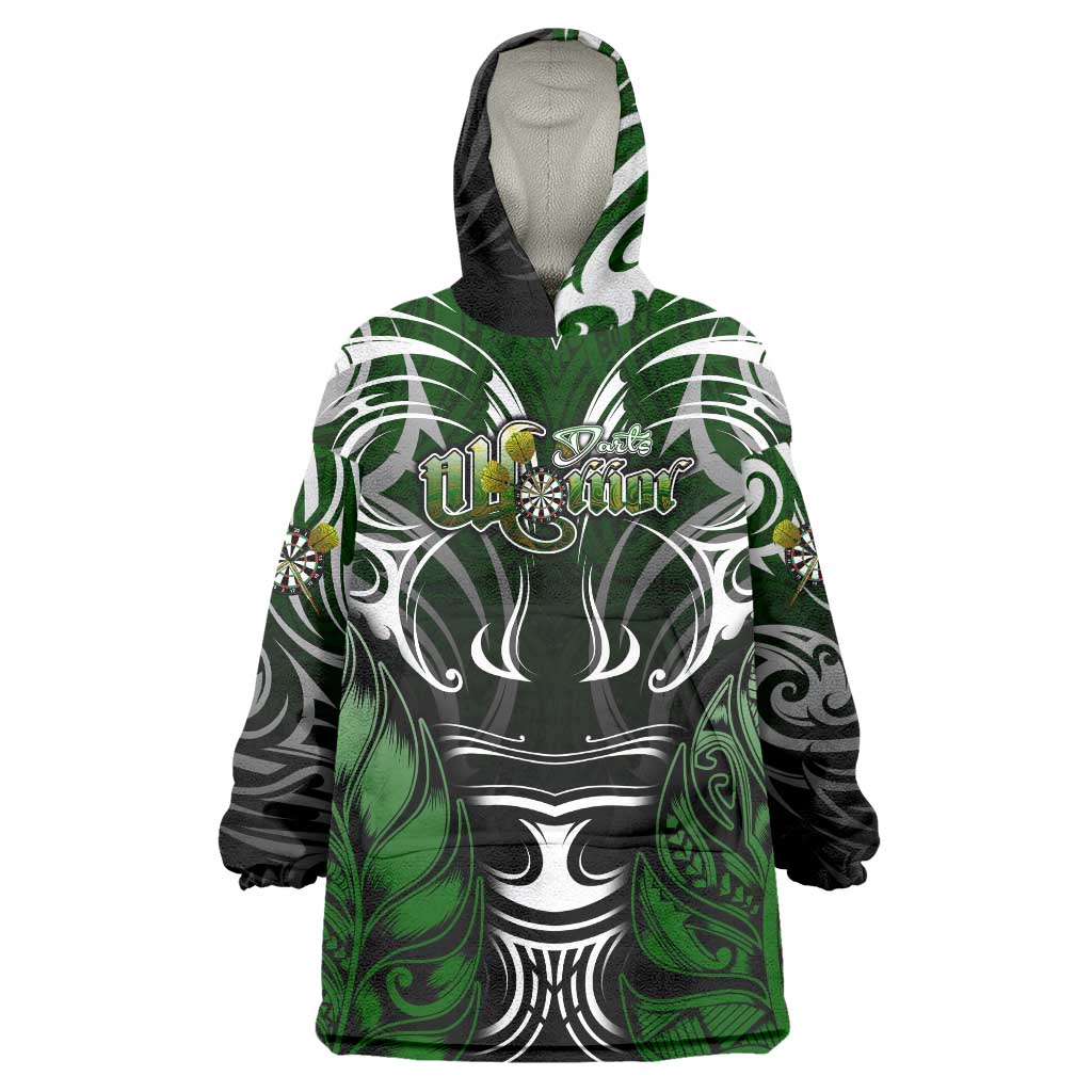 Personalised Warriors Maori Darts Wearable Blanket Hoodie New Zealand Darts Silver Fern DT02 One Size Green - Polynesian Pride