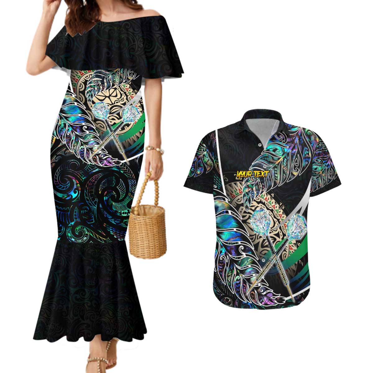 Personalised New Zealand Darts Couples Matching Mermaid Dress and Hawaiian Shirt NZ Paua Shell Maori Fern DT02 Black - Polynesian Pride