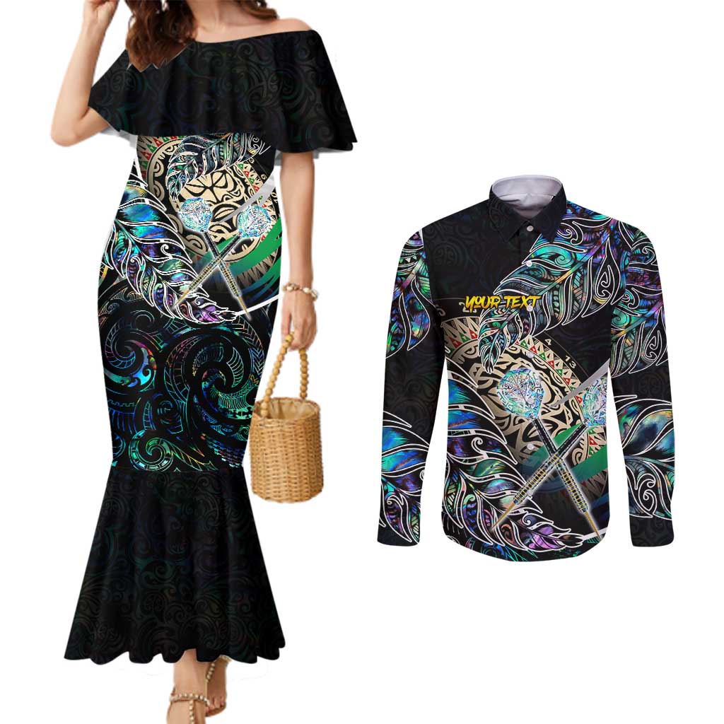 Personalised New Zealand Darts Couples Matching Mermaid Dress and Long Sleeve Button Shirt NZ Paua Shell Maori Fern DT02 Black - Polynesian Pride