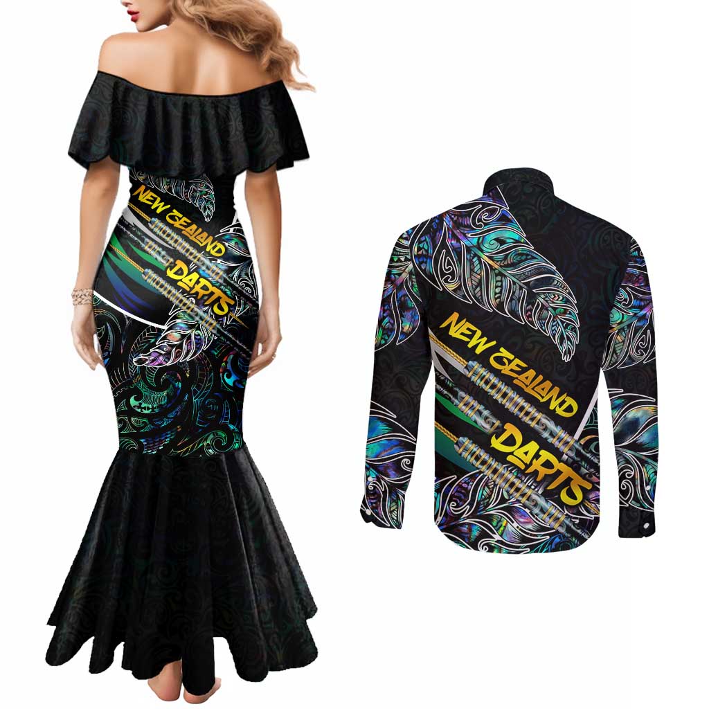 Personalised New Zealand Darts Couples Matching Mermaid Dress and Long Sleeve Button Shirt NZ Paua Shell Maori Fern DT02 - Polynesian Pride