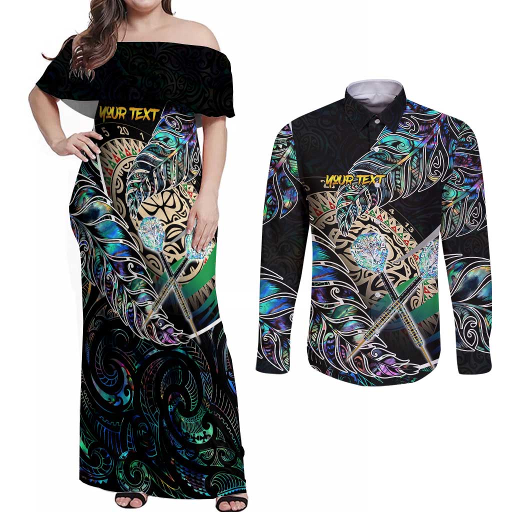 Personalised New Zealand Darts Couples Matching Off Shoulder Maxi Dress and Long Sleeve Button Shirt NZ Paua Shell Maori Fern DT02 Black - Polynesian Pride
