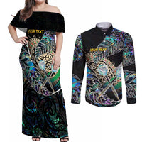 Personalised New Zealand Darts Couples Matching Off Shoulder Maxi Dress and Long Sleeve Button Shirt NZ Paua Shell Maori Fern DT02 Black - Polynesian Pride
