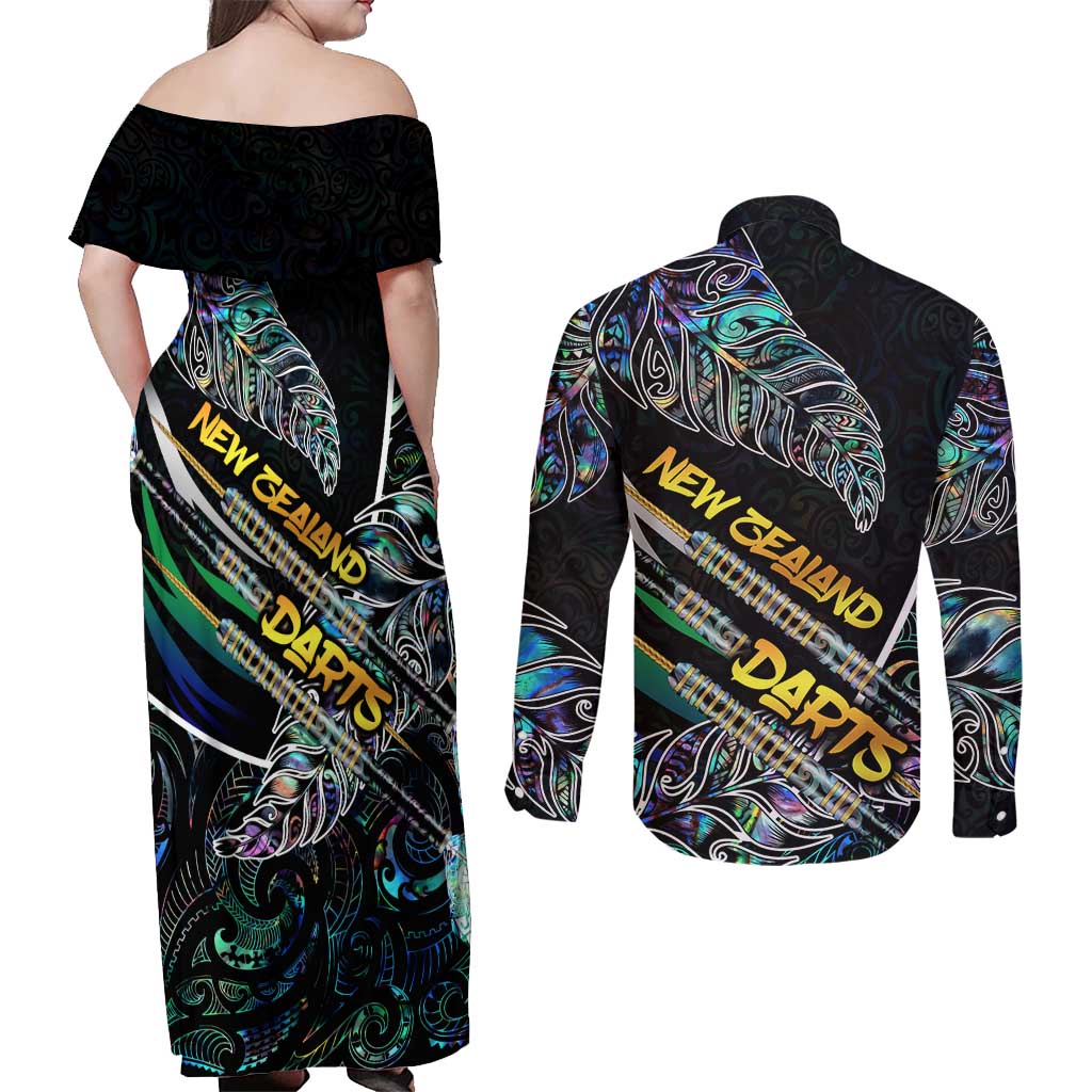 Personalised New Zealand Darts Couples Matching Off Shoulder Maxi Dress and Long Sleeve Button Shirt NZ Paua Shell Maori Fern DT02 - Polynesian Pride