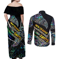 Personalised New Zealand Darts Couples Matching Off Shoulder Maxi Dress and Long Sleeve Button Shirt NZ Paua Shell Maori Fern DT02 - Polynesian Pride