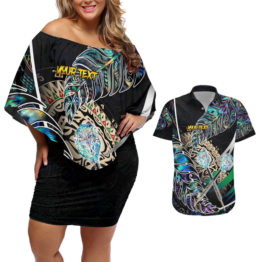 Personalised New Zealand Darts Couples Matching Off Shoulder Short Dress and Hawaiian Shirt NZ Paua Shell Maori Fern DT02 Black - Polynesian Pride